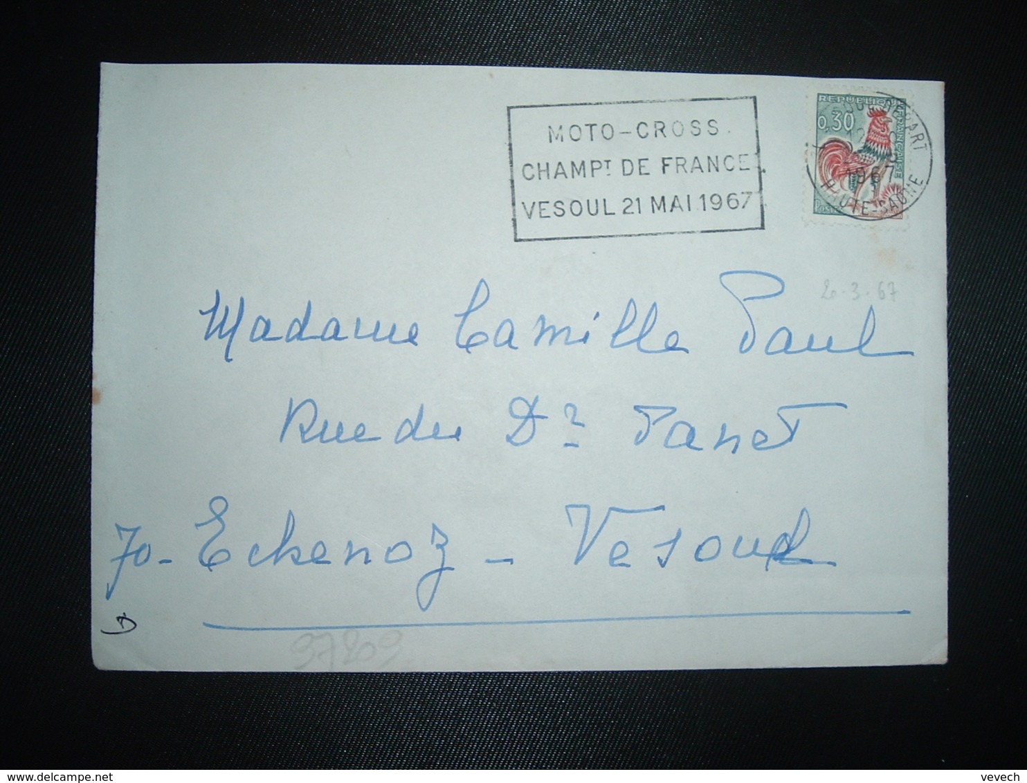 LETTRE TP COQ 0,30 OBL.MEC.20-3 1967 70 VESOUL DEPART HAUTE-SAONE MOTO CROSS CHAMPT DE FRANCE 21 MAI 1967 - Oblitérations Mécaniques (flammes)