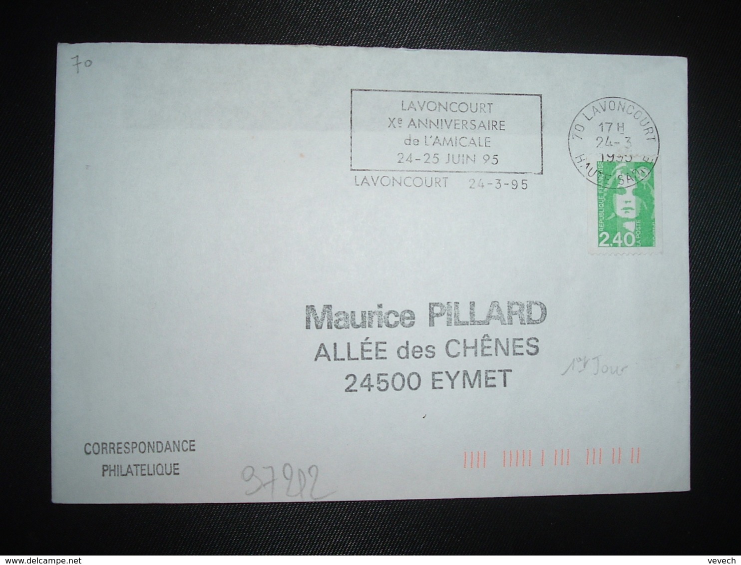 LETTRE TP M. DE BRIAT 2,40 ROULETTE OBL.MEC.24-3 1995 70 LAVONCOURT HAUTE SAONE Xe ANNIVERSAIRE DE L'AMICALE - Oblitérations Mécaniques (flammes)