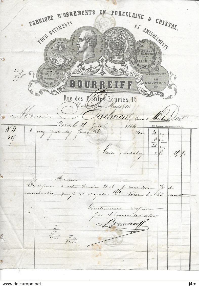 FACTURE De 1864..Fabrique Ornements ,Porcelaine, Cristal, BOURREIFF Rue Petites Ecuries à PARIS (75)..TIMBRE...2 Scans - 1800 – 1899