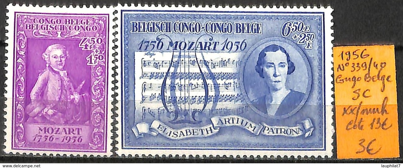 [836142]TB//**/Mnh-c:13e-Congo Belge        1956 - N° 339/40, Mozart, Série Complète, Musique - Neufs