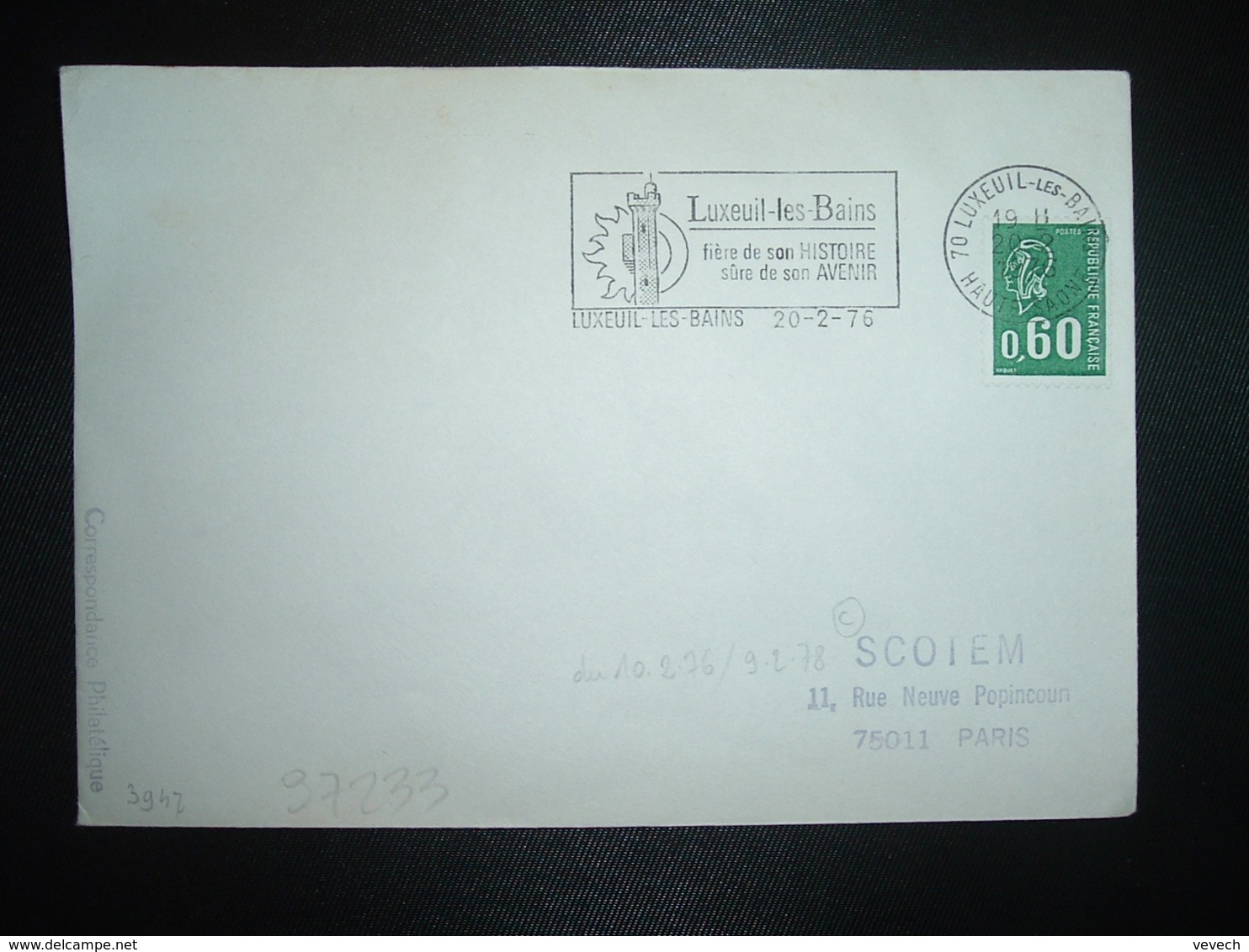 LETTRE TP M. DE BEQUET 0,60 ROULETTE OBL.MEC.20-2 1976 70 LUXEUIL LES BAINS HAUTE-SAONE Fière De Son HISTOIRE - Oblitérations Mécaniques (flammes)