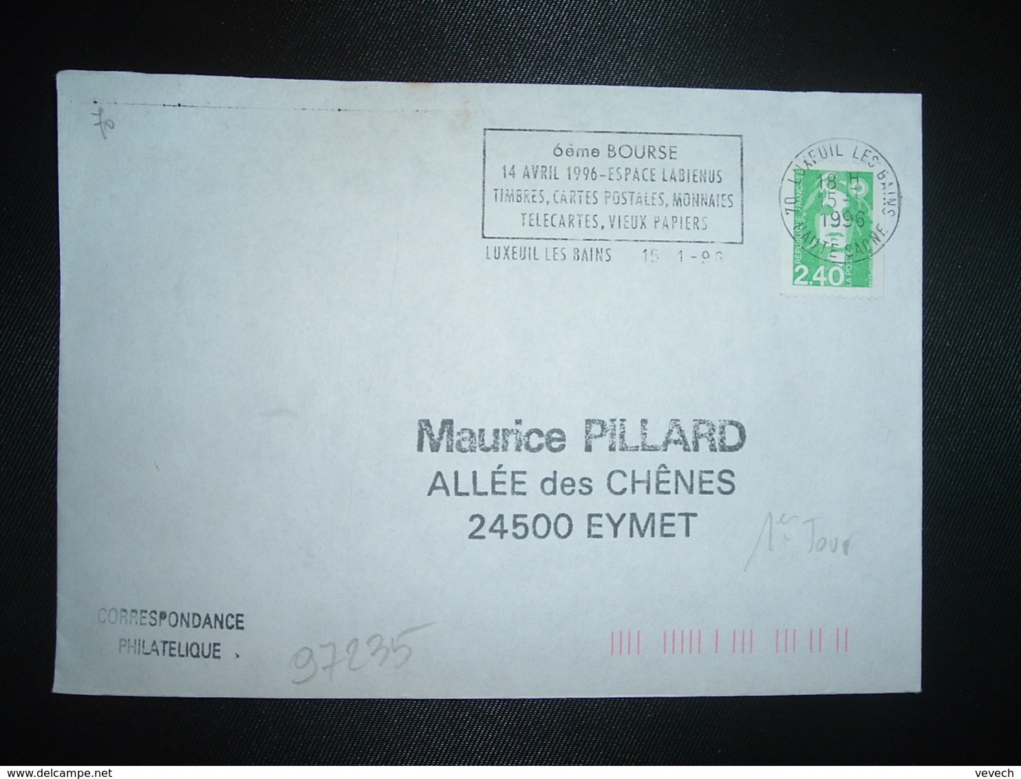 LETTRE TP M. DE BRIAT 2,40 ROULETTE OBL.MEC.15-1 1996 70 LUXEUIL LES BAINS HAUTE-SAONE 6ème BOURSE 14 AVRIL 1996 - Oblitérations Mécaniques (flammes)