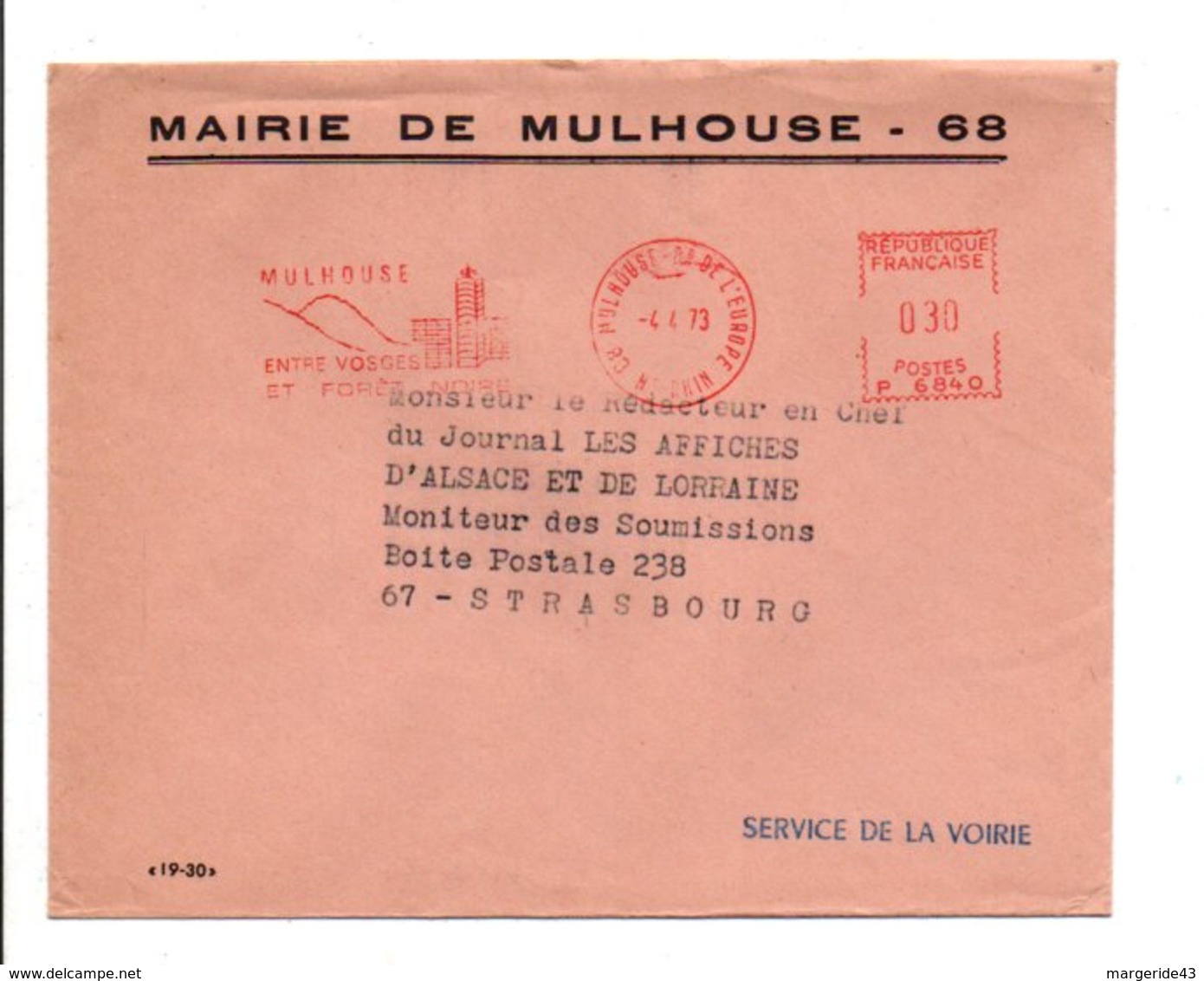 LETTRE DE MAIRIE DE MULHOUSE HAUT RHIN 1973 - 1961-....