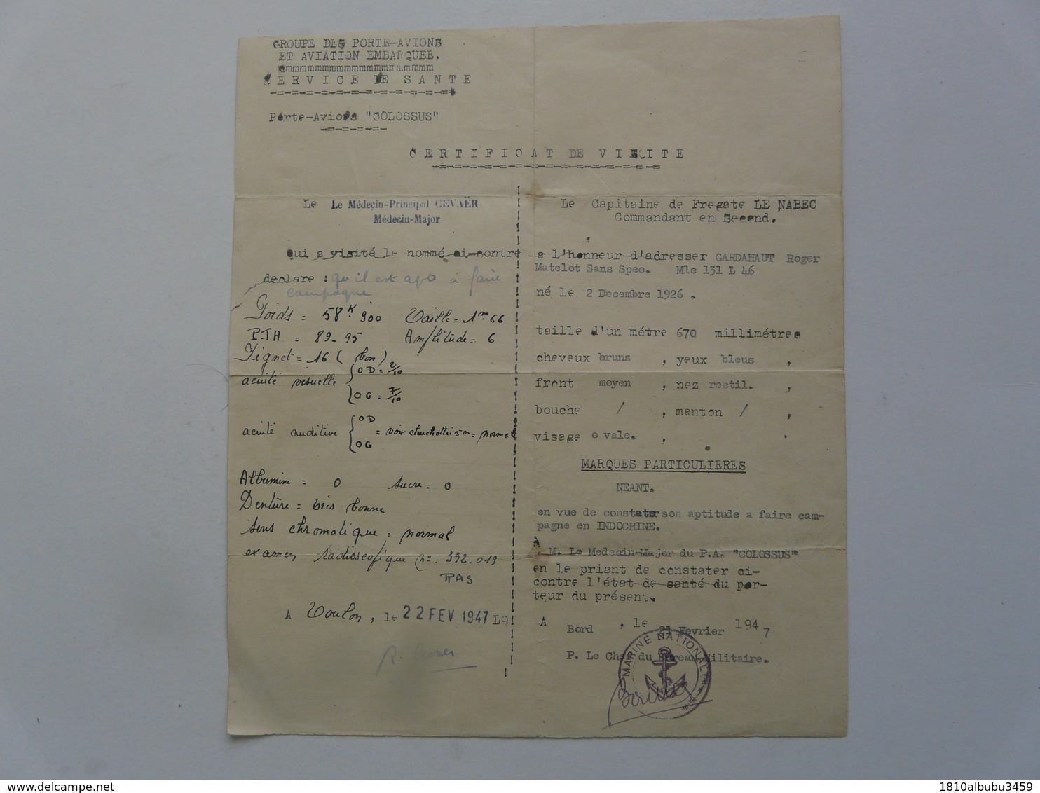 VIEUX PAPIERS - CERTIFICAT DE VISITE : Porte-Avions "COLOSSUS" - TOULON - Documents Historiques