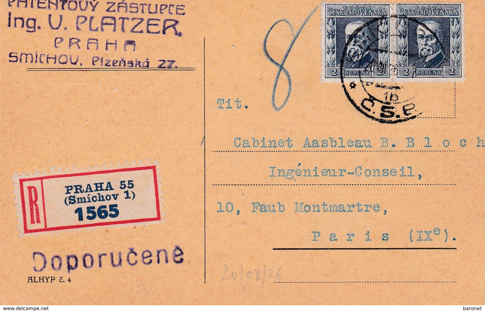 C.P. Recommandée T.P. Ob Smichou 20 VIII 26 C.P. Pour Paris IXème - Storia Postale