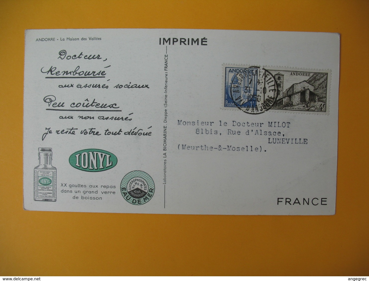 Carte Dear Doctor Biomarine  1950  Andorre La Maison Des Vallées - Pharmacy