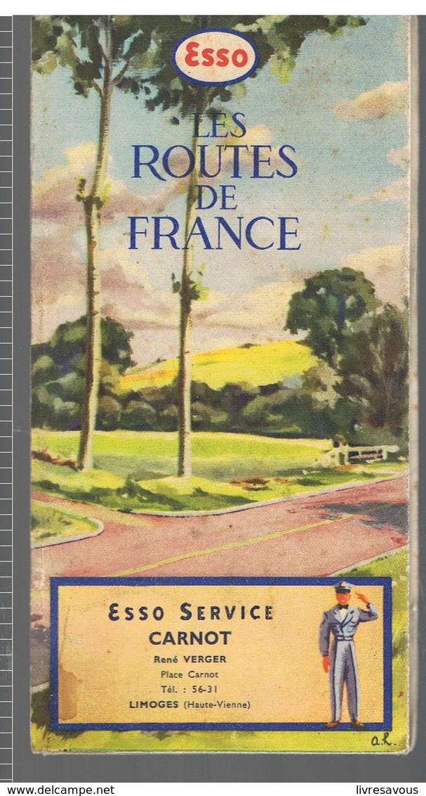 ESSO Carte Des Routes De France Offert Par ESSO SERVICE CARNOT René Verger Place Carnot à Limoges (87) Année 1950 - Callejero