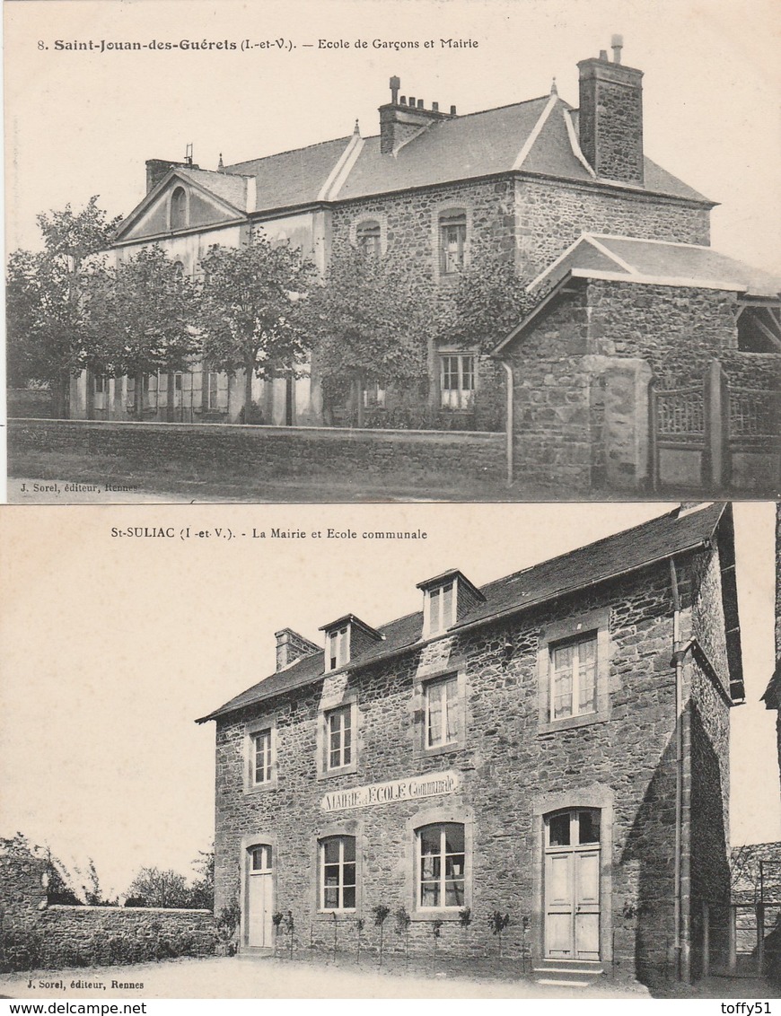 2 CPA:SAINT JOUAN DES GUÉRETS (35) ÉCOLE GARÇONS ET MAIRIE,MAIRIE ÉCOLE COMMUNALE - Autres & Non Classés