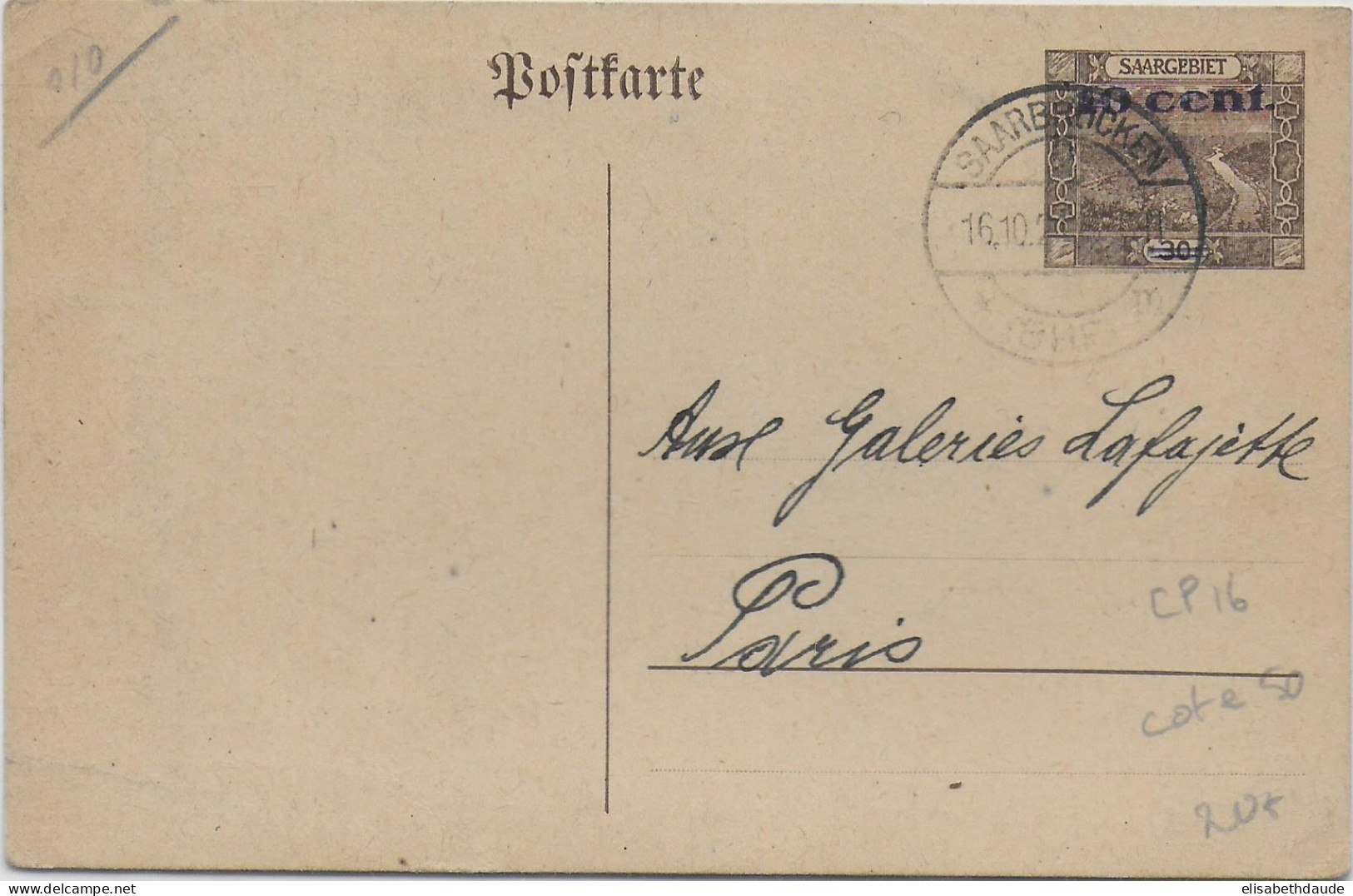 SARRE / SAAR- 1921 - CARTE ENTIER SURCHARGEE De SAARBRÜCKEN => PARIS - Entiers Postaux