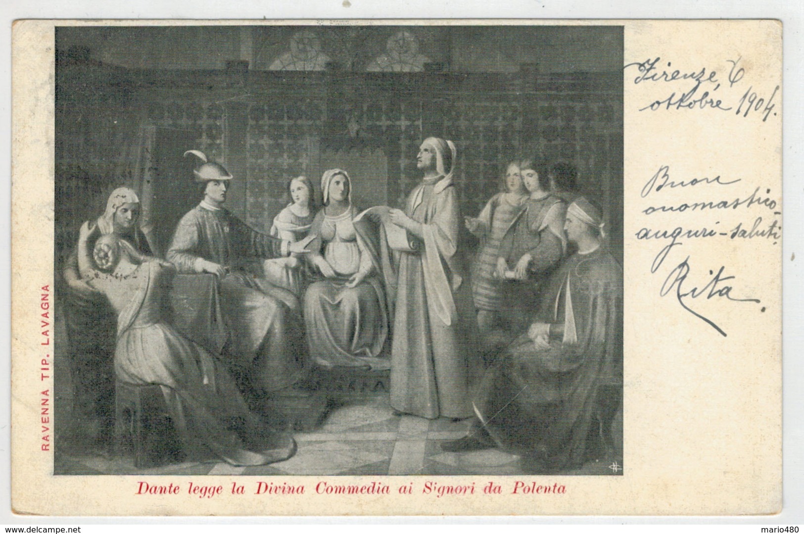 C.P  PICCOLA    DANTE  LEGGE  LA  DIVINA  COMMEDIA  AI  SIGNORI  DA  POLENTA   1904    2  SCAN  (VIAGGIATA) - Donne Celebri