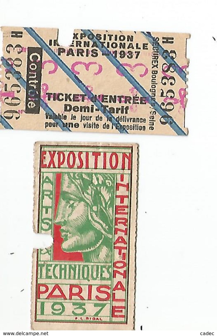 TICKETS EXPO 1937 - Autres & Non Classés