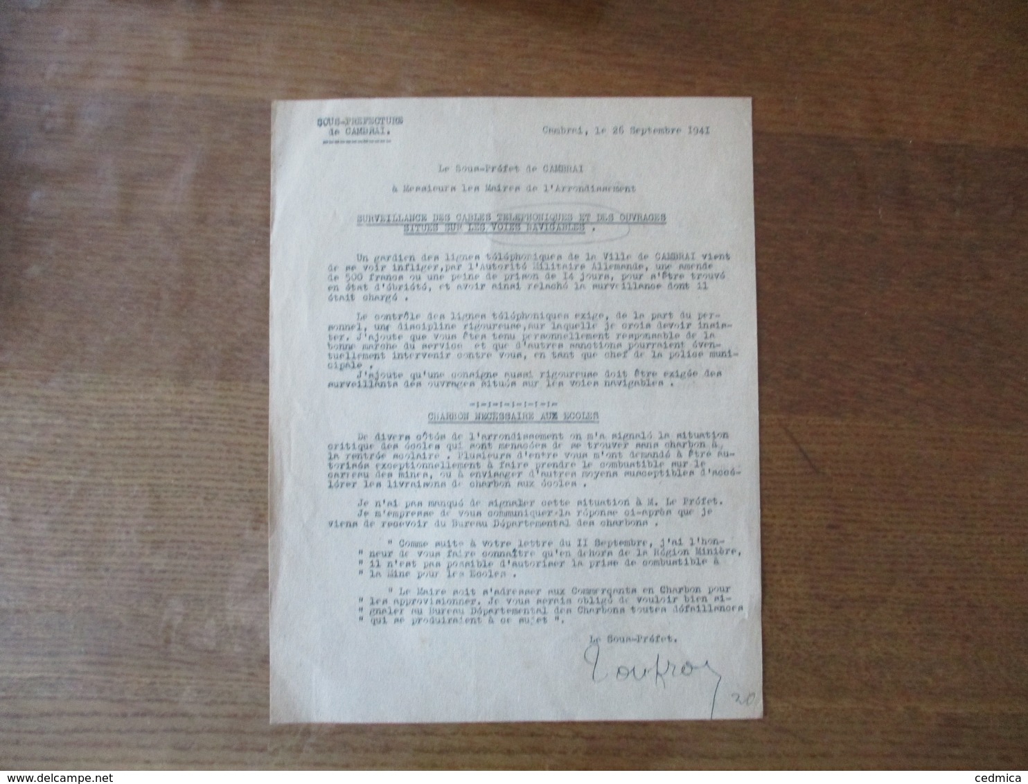 CAMBRAI LE 26 SEPTEMBRE 1941 SURVEILLANCE DES CABLES TELEPHONIQUES ET DES OUVRAGES SITUES SUR LES VOIES NAVIGABLES CHARB - Documents Historiques