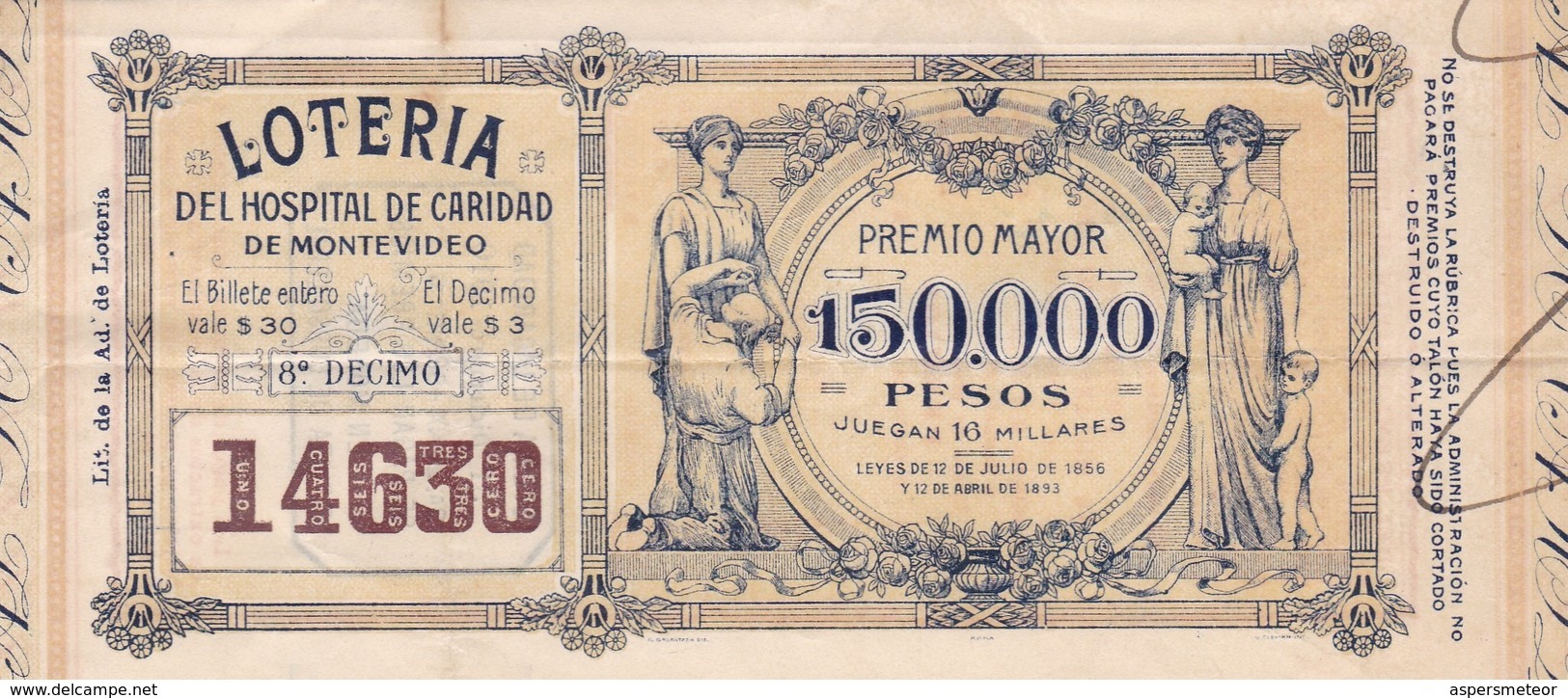 BILLETES DE LA LOTERIA DEL HOSPITAL DE CARIDAD DE MONTEVIDEO, URUGUAY. AÑO 1910. LOTTERY TICKET BILLET DE LOTERIE -LILHU - Billetes De Lotería