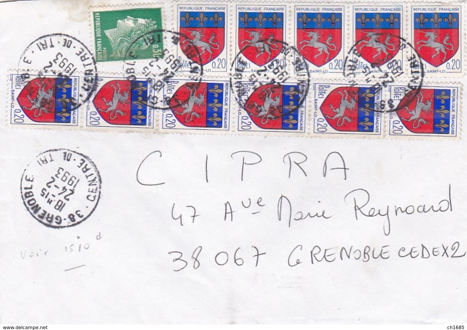 FRANCE  :   Blasons De Saint-Lo X 11 Et Cheffer 0,30 Vert Sur Lettre - 1961-....