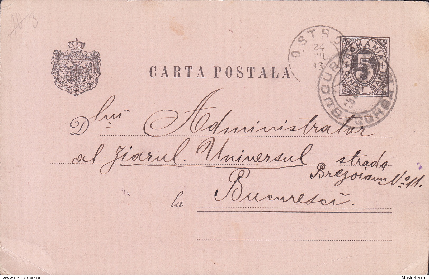 Romania Postal Stationery Ganzsache Entier OSTROV 1893 BUCURESCI (Arr. Cds.) (2 Scans) - Ganzsachen