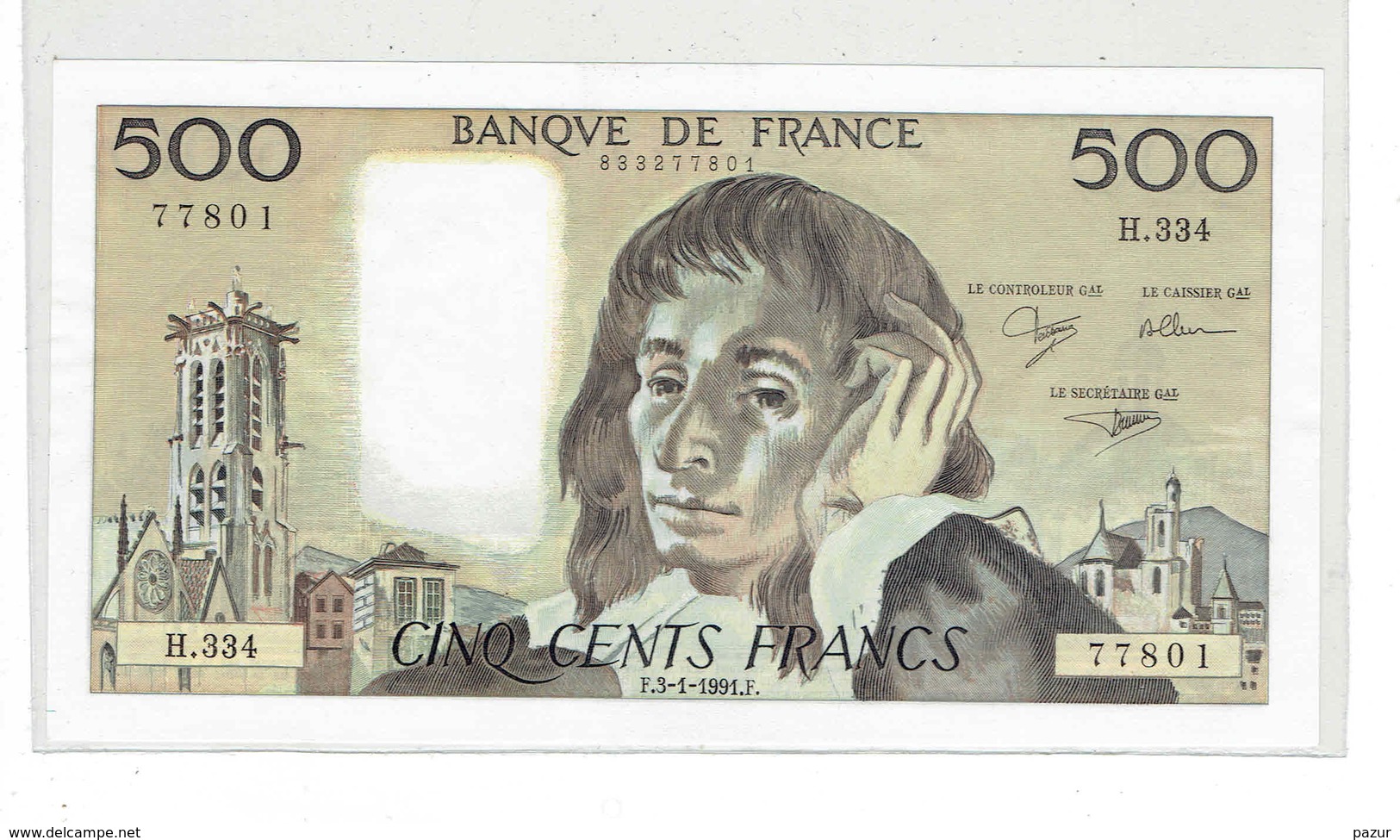 500 F PASCAL - SANS TROUS D'EPINGLES NI PLIS - NEUF - F.3-1-1991.F. - H.334 - 500 F 1968-1993 ''Pascal''