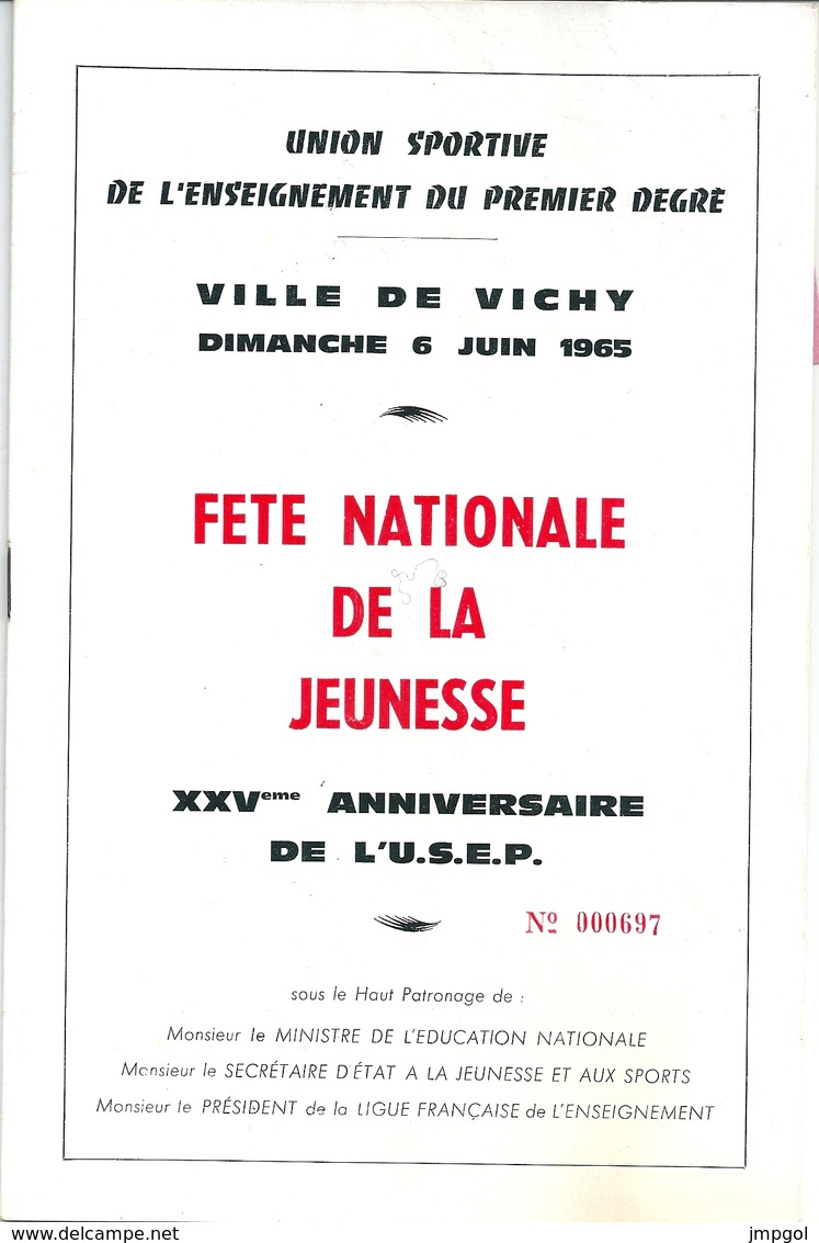 Programme Fête Nationale De La Jeunesse USEP Vichy 6 Juin 1965 - Programmi