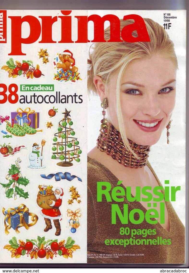 Prima N° 195 Du 01/12/1998 - Noel - Stickers Deco - Mode - Beauté - Recettes - Maison & Décoration