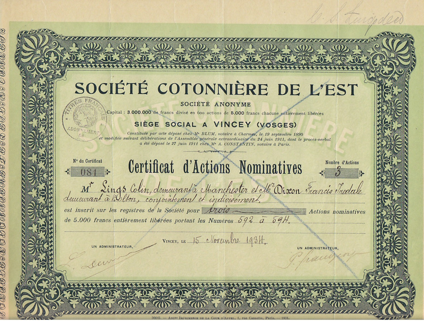 Cotonniére De Vincey,Vosges,France,share Of Lings Colin From Manchester & Francis Iredale Dixon From Bolton - Textile