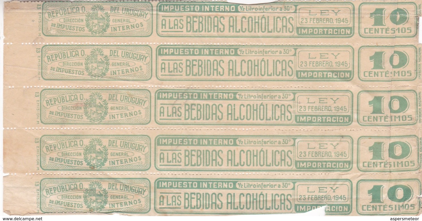 IMPUESTOS INTERNOS A LAS BEBIDAS ALCOHOLICAS IMPORTACION. URUGUAY YEAR 1945, ALCOHOLIC DRINKS INTERNAL TAXES -LILHU - Uruguay