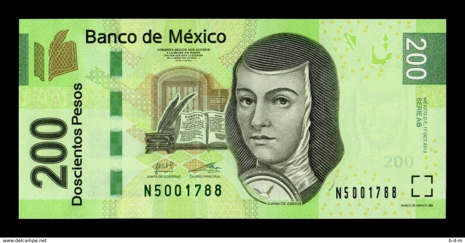 México 200 Pesos Juana De Asbaje 2013 Pick 125As Serie AS SC UNC - México