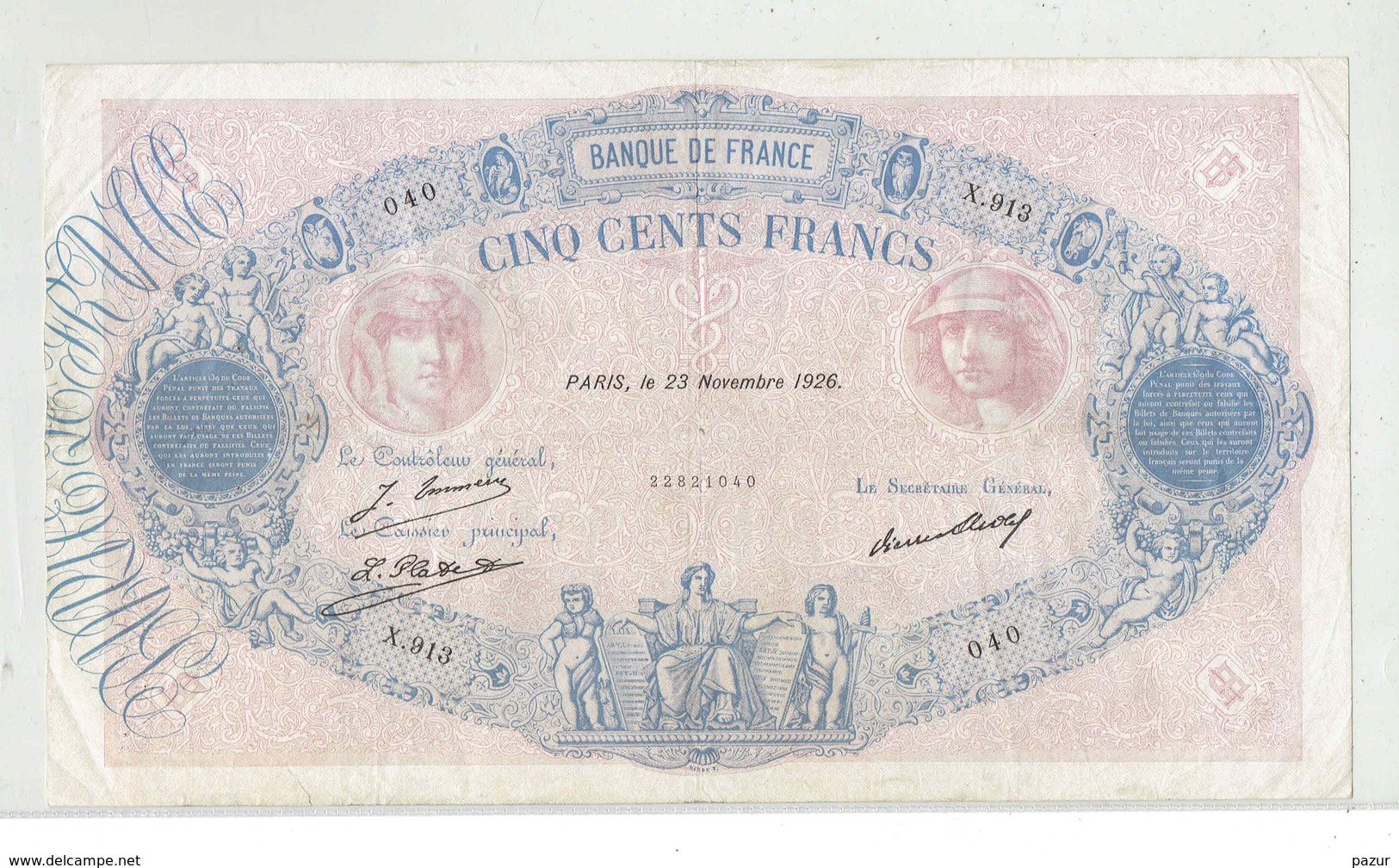 500 F BLEU ET ROSE - 23 NOVEMBRE 1926 - PETITE FENTE QUELQUES TROUS D'EPINGLES COULEUR FRAICHE PAPIER CRAQUANT - TTB - 500 F 1888-1940 ''Bleu Et Rose''