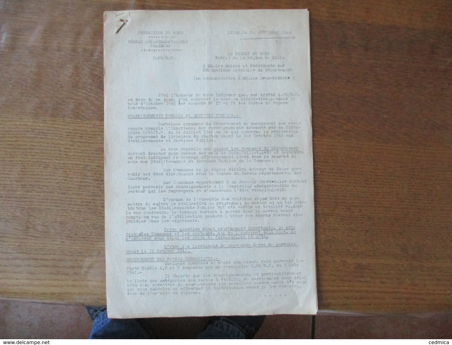 LILLE LE 24 SEPTEMBRE 1942 BUREAU DEPARTEMENTAL DES CHARBONS  NOTE DU PREFET DU NORD F.CARLES 5 PAGES - Historical Documents