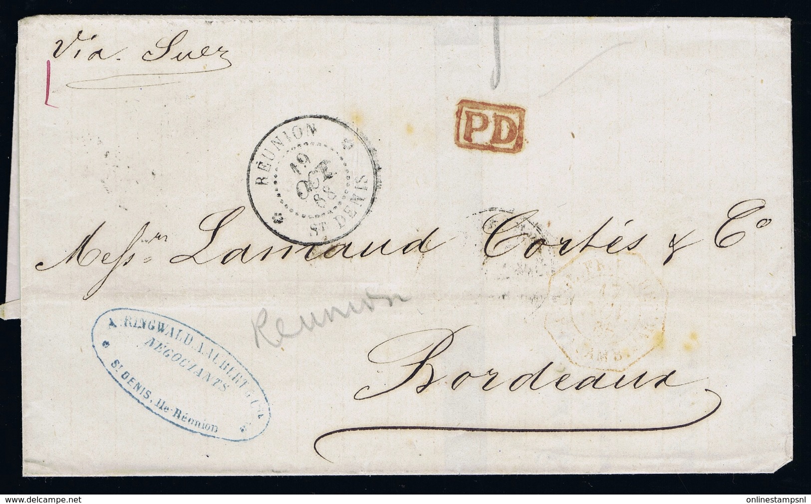 REUNION  ENVELOPPE ST. DENIS A BORDEAUX 1888 PD ROUGE - Lettres & Documents