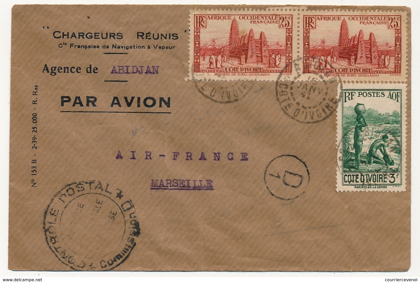 Côte D'Ivoire => Enveloppe Affranchissement Composé - Abidjan 1941 - Censure Commission D - Storia Postale