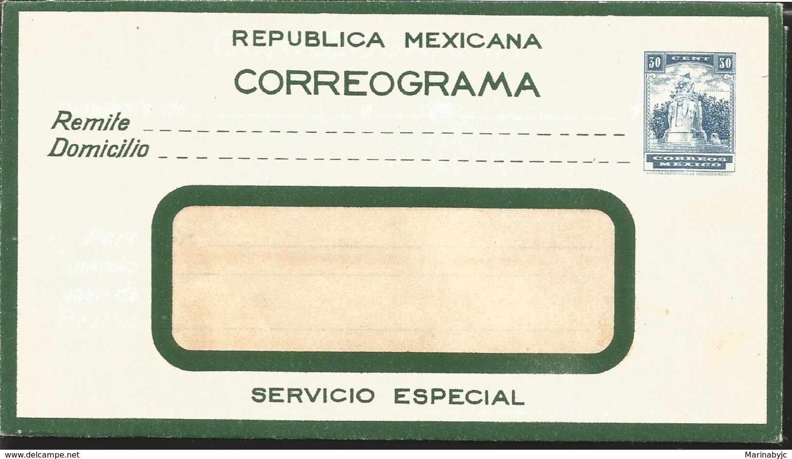 J) 1940 MEXICO, MONUMENT TO THE HEROIC CADETS, 30 CENTS, CORREOGRAM, SPECIAL SERVICE, POSTAL STATIONARY, XF - Mexico