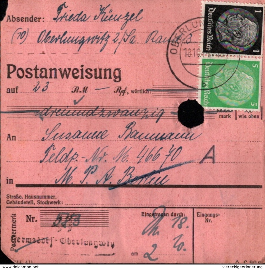 ! 1944 Postanweisung Deutsches Reich, Oberlungwitz , Sachsen , Feldpost, Zusammendrucke - Storia Postale