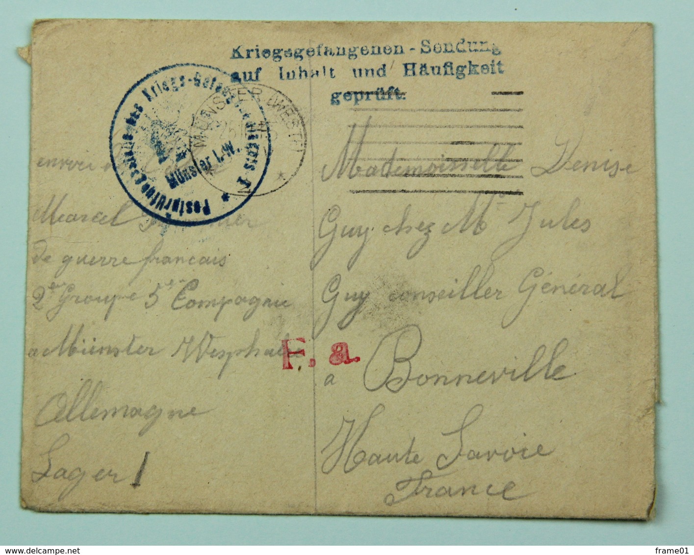 Lettre Avec Correspondance 1915 Prisonnier ) Münster --> Bonneville, Retardée (timbre F.a. Rouge) - War Stamps