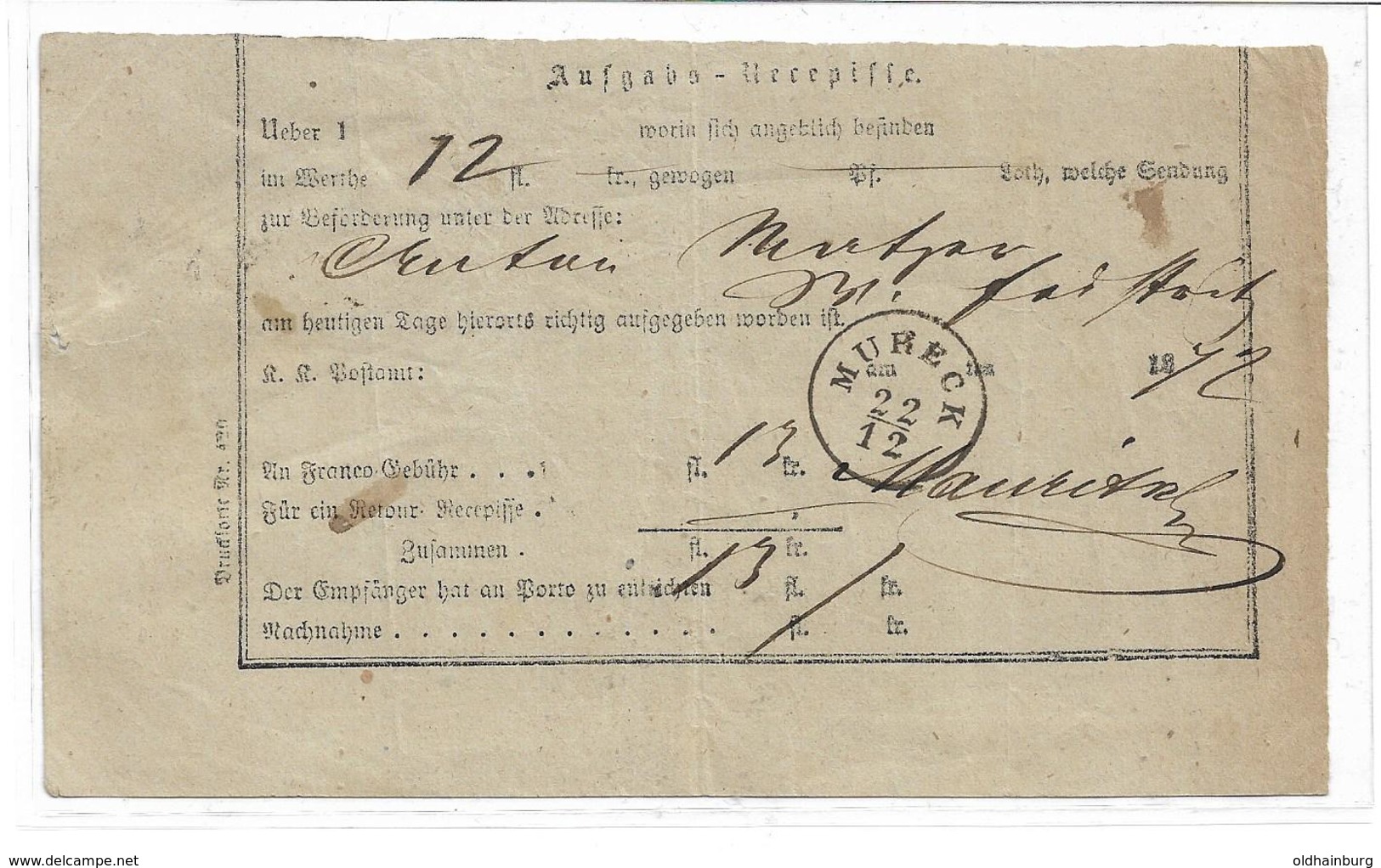 3075c: Heimatsammer- Beleg Postformular Mureck, Aufgabs- Recepisse Aus 1872 - Mureck