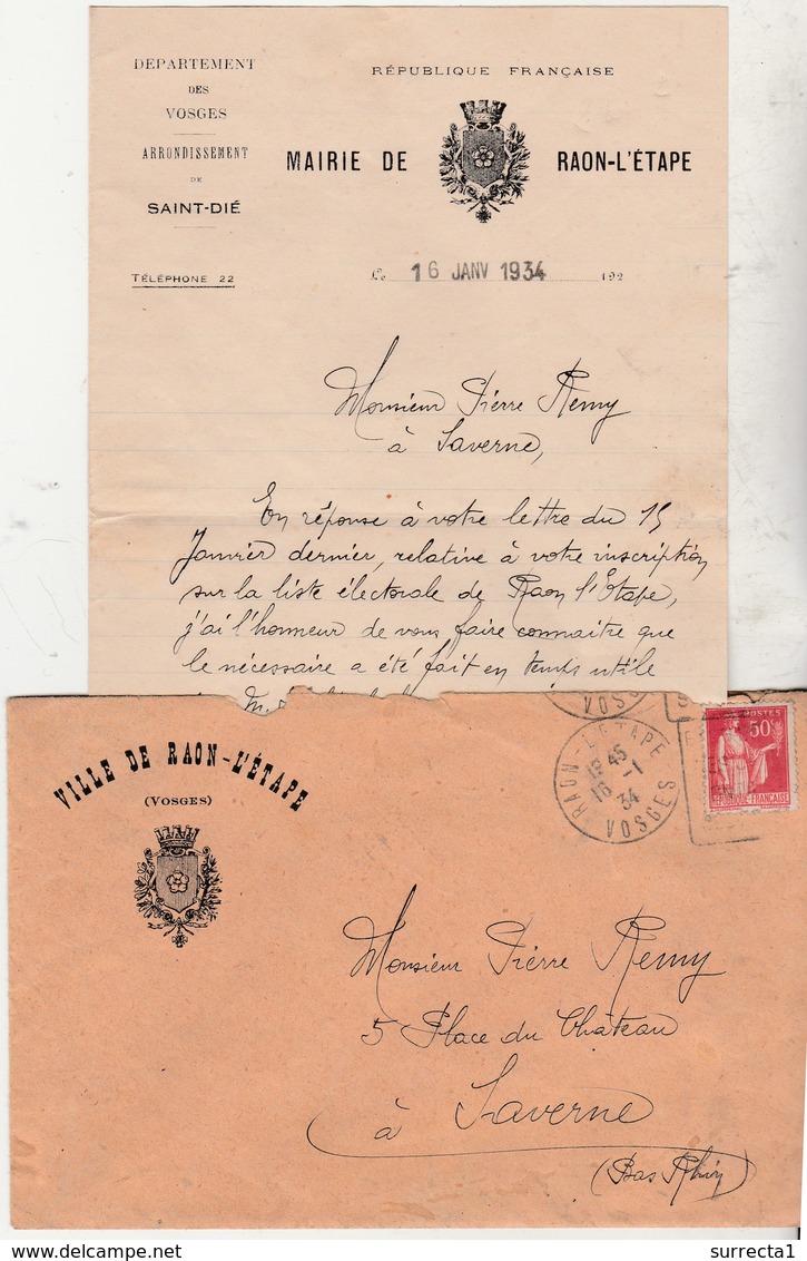 1934 / Enveloppe + Courrier Mairie Raon L'Etape (blason) / Inscription Listes électorales / 88 Vosges - 1900 – 1949