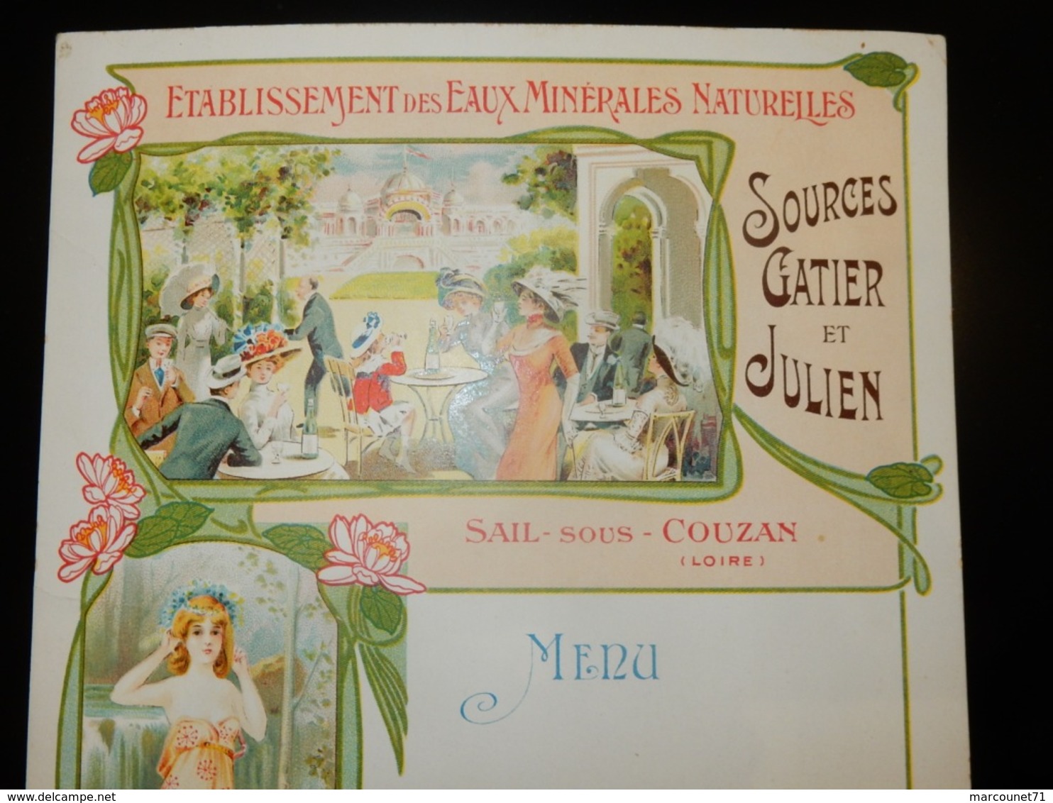 ANCIEN MENU ÉTABLISSEMENT DES EAUX MINÉRALES NATURELLES SOURCES GATIER ET JULIEN SAIL SOUS COUZON ART NOUVEAU - Menus