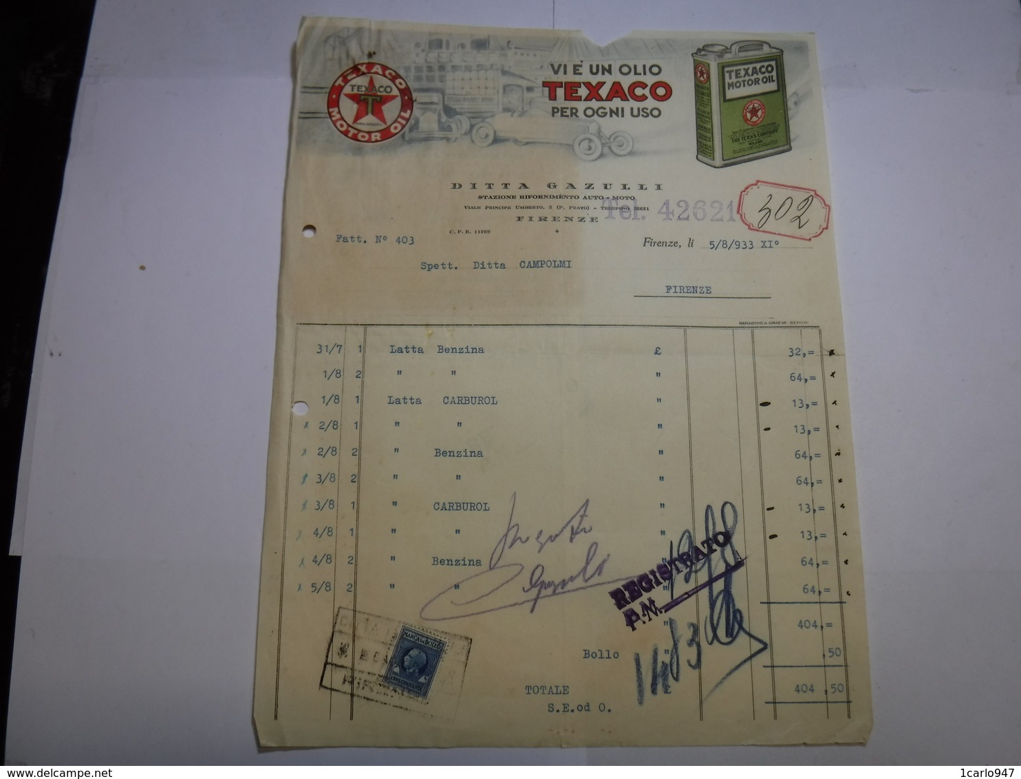 FIRENZE  -- AUTO --MOTO - BENZINE  - OLII --   DITTA GAZULLI  ---  TEXACO MOTOR OIL - Italia