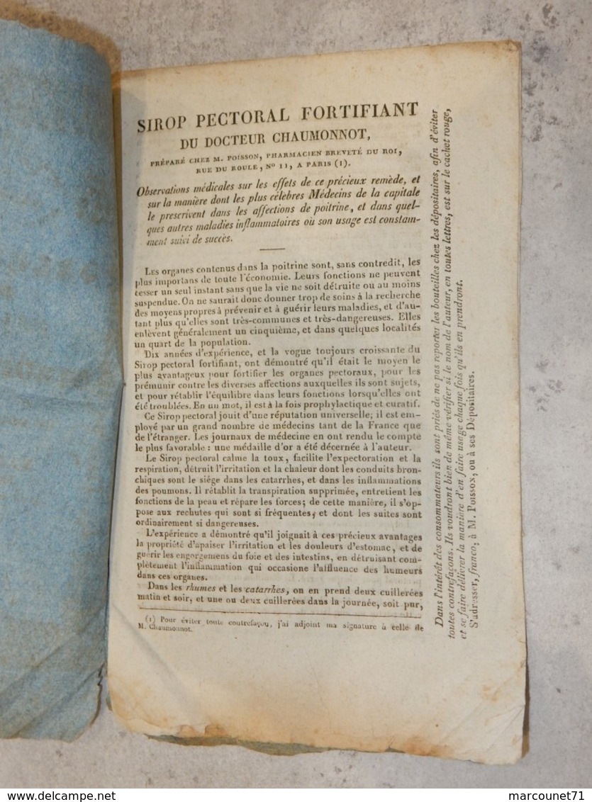 ANCIEN DOCUMENT 1830 OBSERVATIONS MÉDICALES SUR EFFETS SIROP PECTORAL CHAUMONNOT PARIS - Unclassified