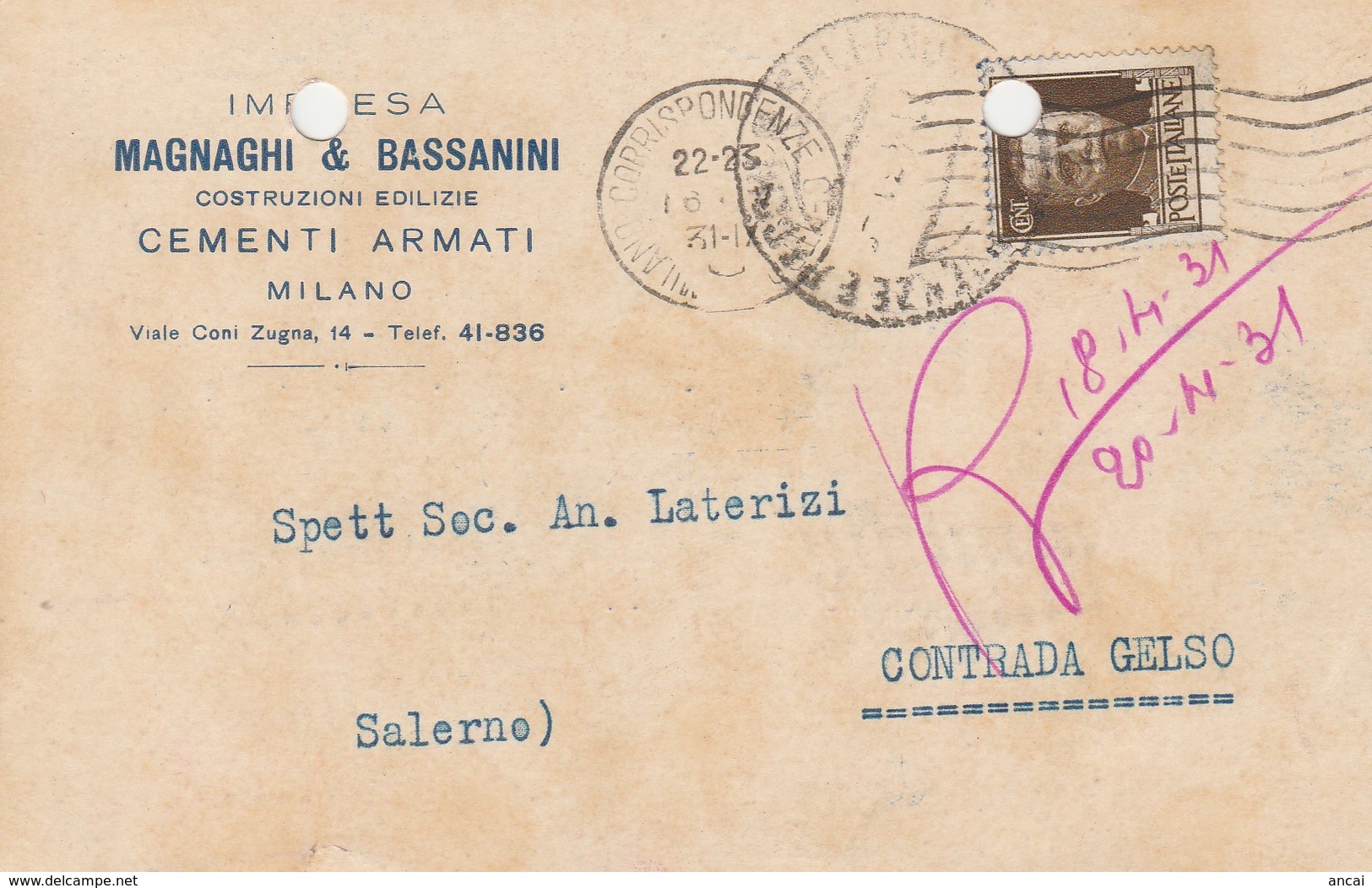 Milano. 1931. Annullo Meccanico MILANO CORRISPONDENZE, Su Cartolina Postale PUBBLICITARIA - Storia Postale