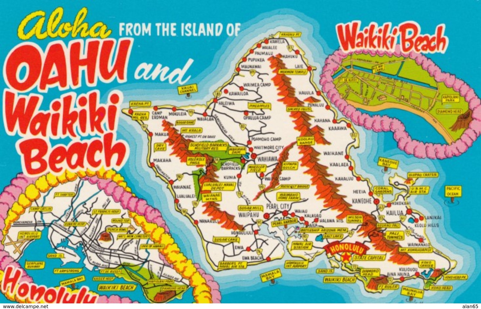 Map Of Oahu Island Hawaii, Honolulu And Waikiki Beach, C1960s/70s Vintage Postcard - Oahu