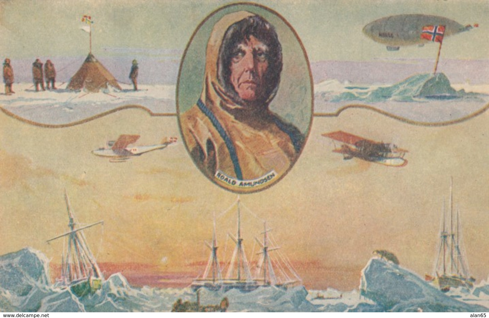 Roald Amundsen Norwegian Polar Explorer, Norway Flag, Boats Planes C1930s Vintage Postcard - Altri & Non Classificati