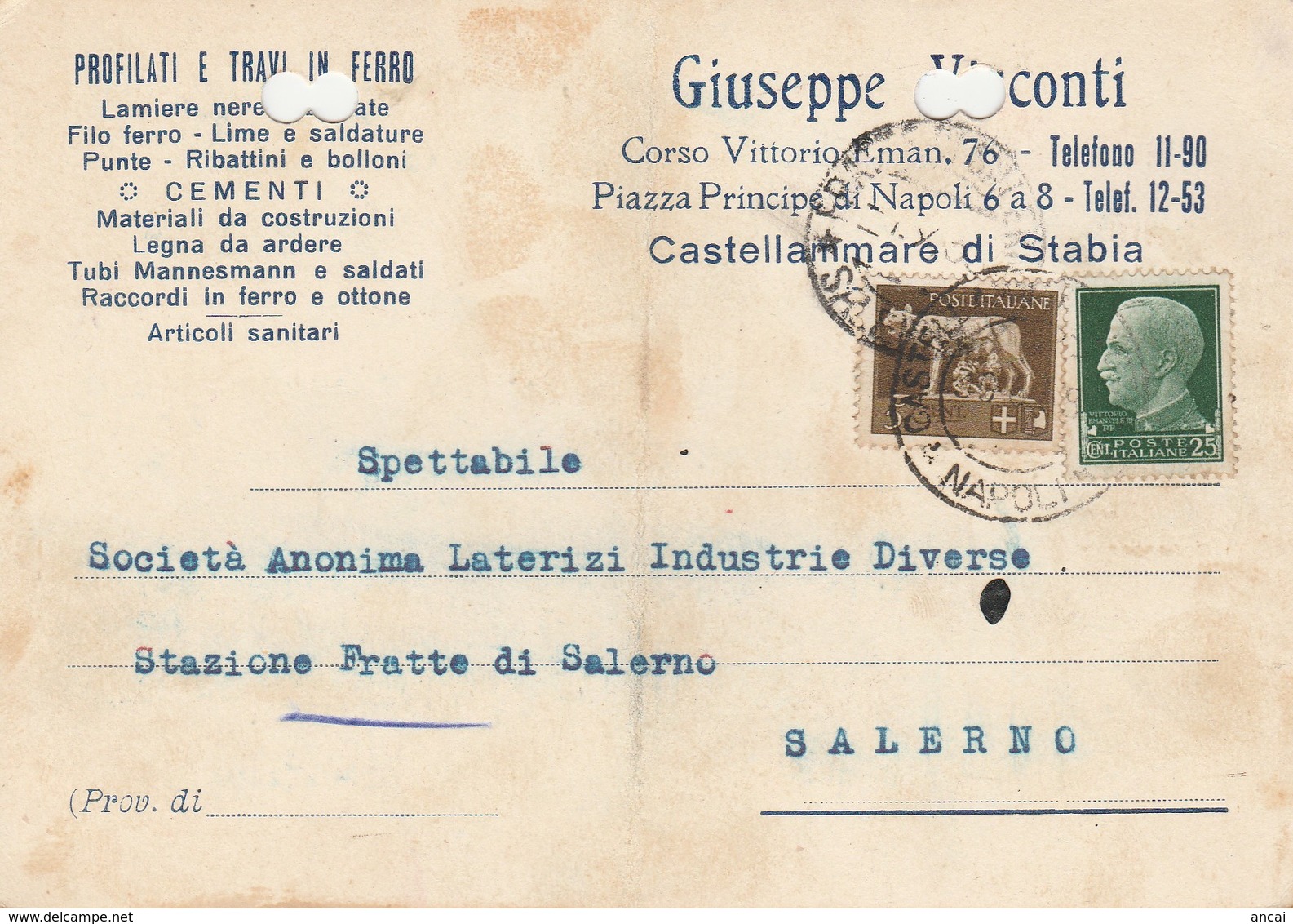 Castellammare Di Stabia. 1938. Annullo Guller, Su Cartolina Postale PUBBLICITARIA - Poststempel
