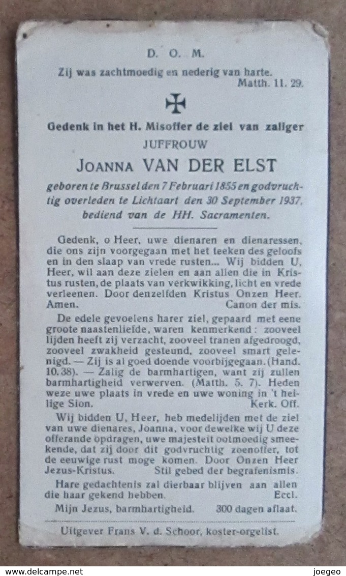 Joanna Van Der Elst - Brussel 7 Februari 1855 - Lichtaart 30 September 1937 - Overlijden