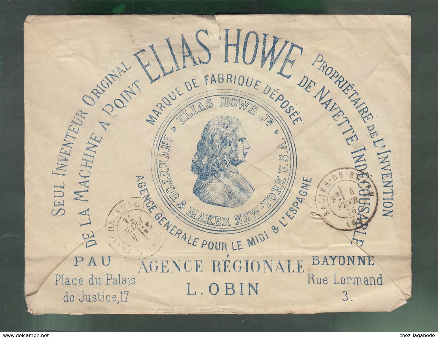 Oblit. () Cachet Losange "Bayonne" Sur Cérès 20c Bleu - Publicité Machine à Points Elias Howe - 1849-1876: Classic Period