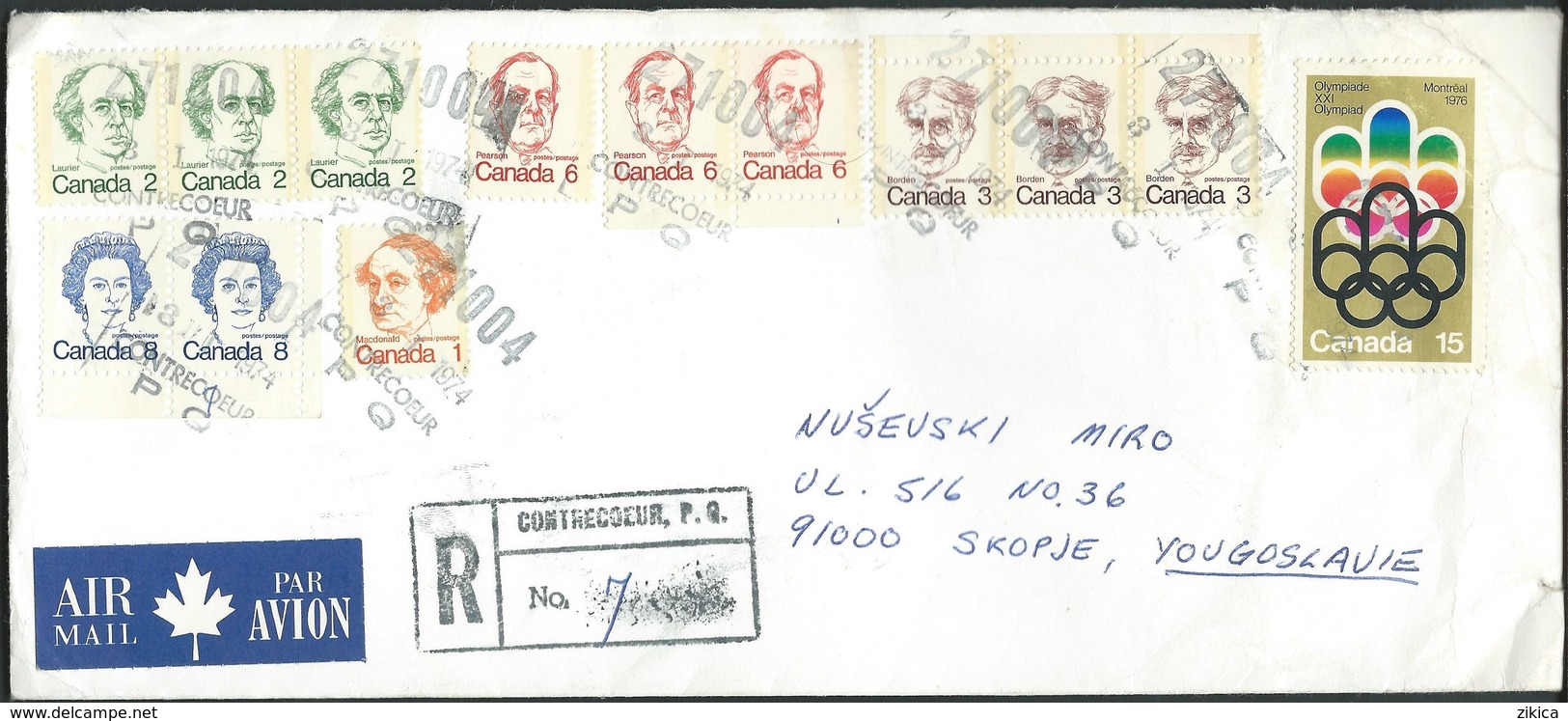 Canada Contrecoeur Quebec Registered Letter 1974 Via Yugoslavia.nice Stamps / Timbres .( 2 Scans ) - Covers & Documents