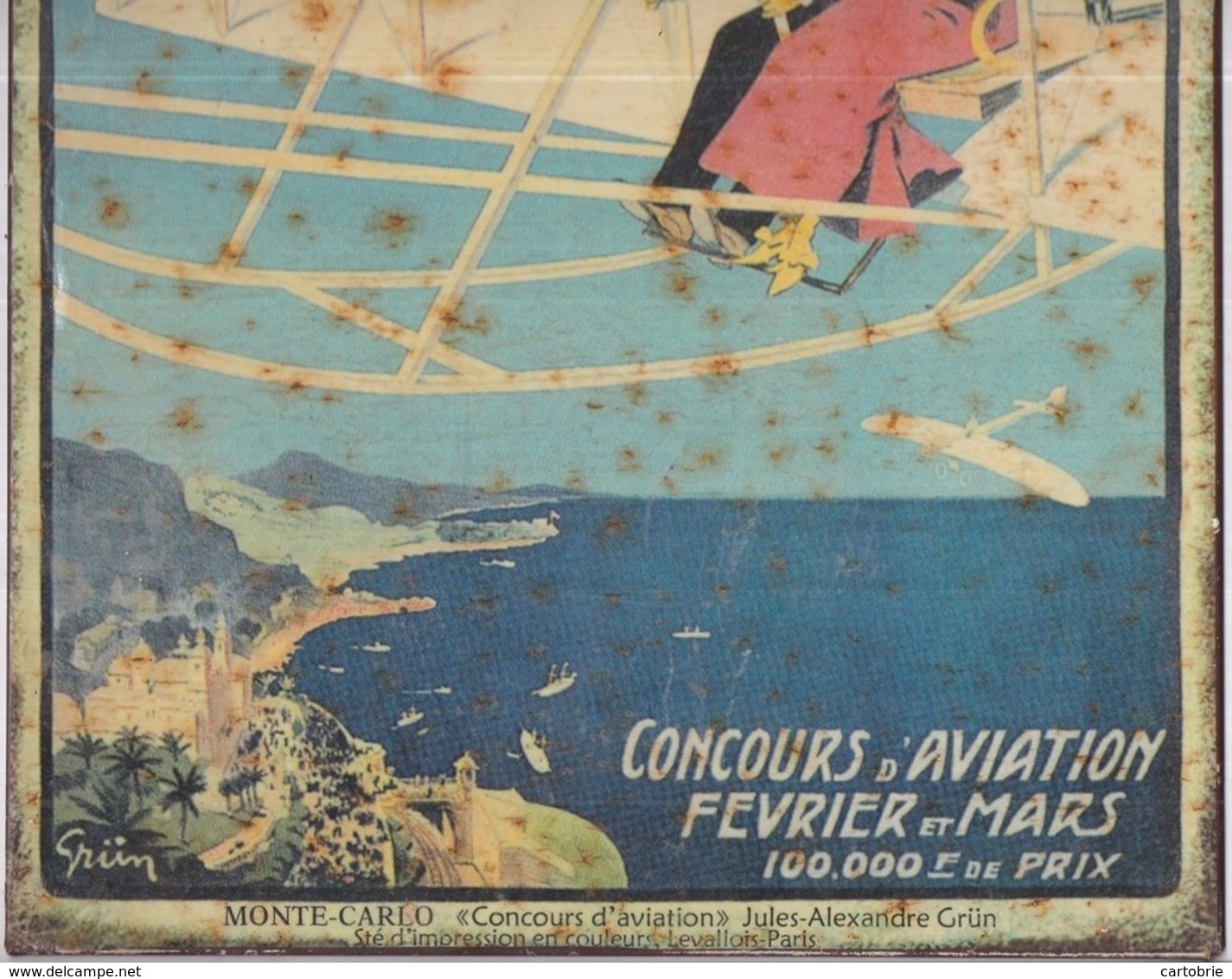 Monaco MONTE-CARLO - "Concours D'Aviation" GRÜN 1910 ? Tôle Lithographiée 26 X 35 Cm Sté Impr. Couleurs Levallois-Paris - Trains & Avions