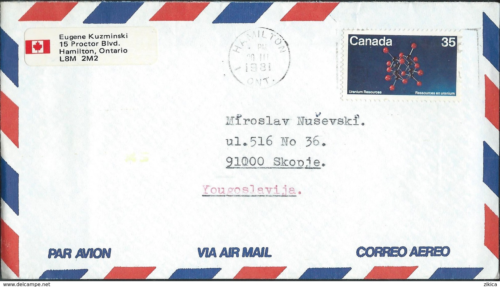 Canada Letter Via Yugoslavia 1981 - Motive Stamps : 1980 Uranium Resources,	Geology/Minerals - Covers & Documents