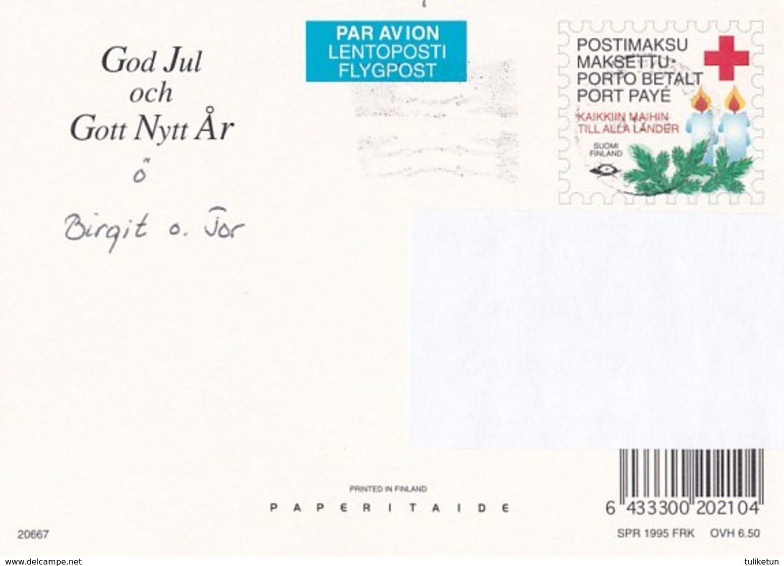 Postal Stationery - Bird - Bullfinch In Winter Landscape - Red Cross 1995 - Suomi Finland - Postage Paid - Postal Stationery