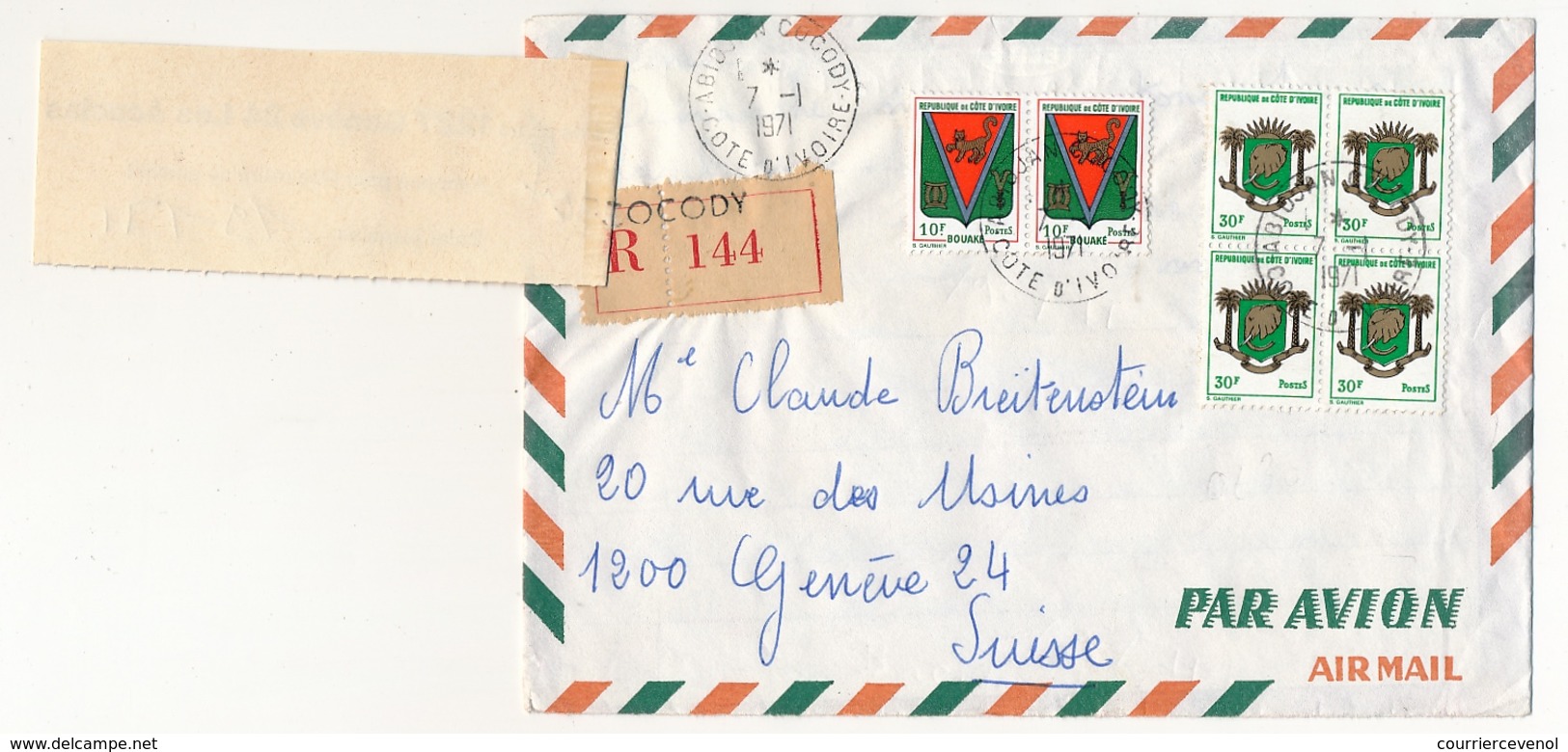 Côte D'Ivoire => Env. Rec ABIDJAN COCODY 1971 - Affr Blasons - étiquette Pour Retrait 1227 GENEVE 24 Les Acacias - Ivory Coast (1960-...)
