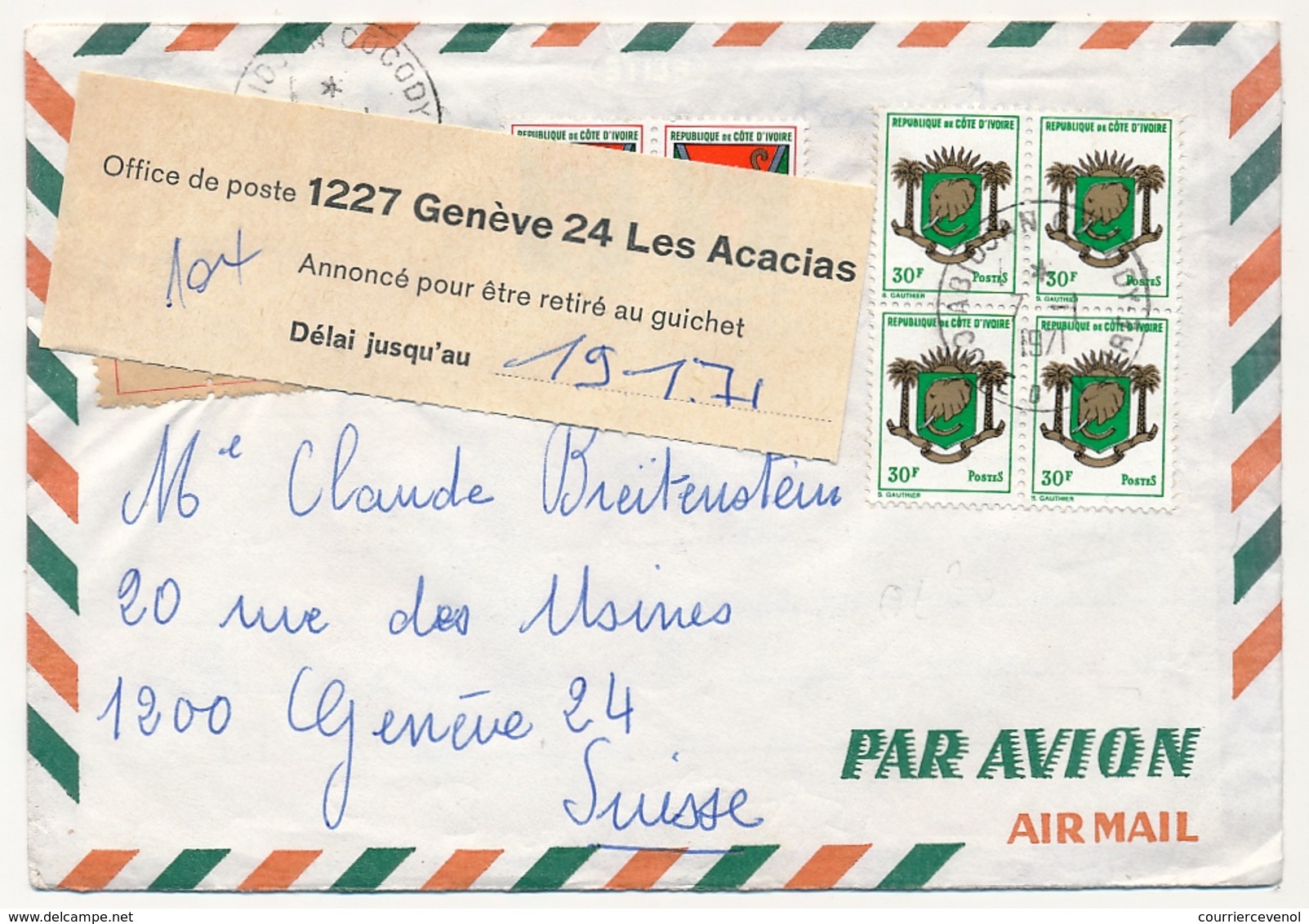 Côte D'Ivoire => Env. Rec ABIDJAN COCODY 1971 - Affr Blasons - étiquette Pour Retrait 1227 GENEVE 24 Les Acacias - Côte D'Ivoire (1960-...)