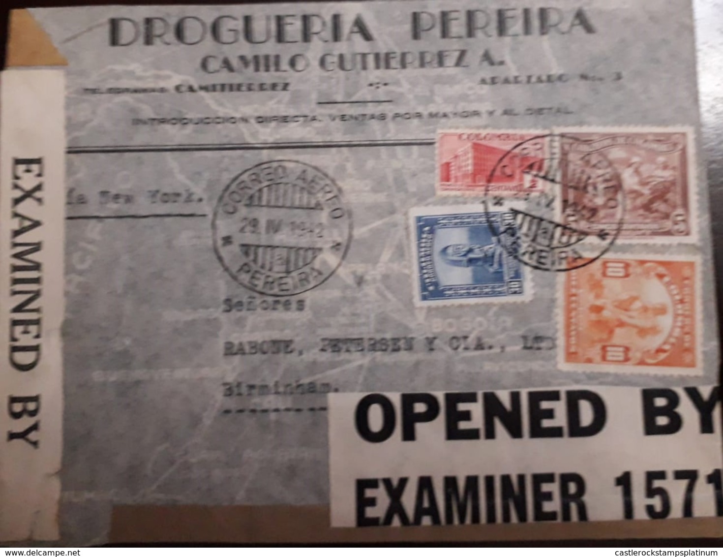 O) 1942 COLOMBIA, CENSORSHIP - EXAMINED - OPENED, GOLD MINING SC 439, COFFEE PICKING, PRE COLUMBIAN SC C125, DROGUERIA P - Colombia